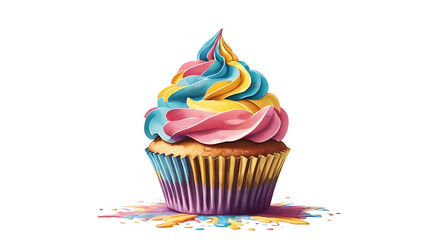Single cupcake topped with vibrant, colorful frosting on a clean white background—deliciously detailed and visually inviting, perfect for any sweet celebration