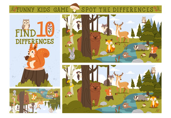 Find differences game. Kids game with forest animal. Funny education game for children. Printable page with puzzle. Autumn woodland scene with animals. Vector concept