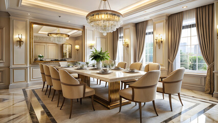 Elegant Neo-Classical Dining Room with Cream Walls and Marble Table. Perfect for: Formal dinners, classical-themed decor, luxury homes
