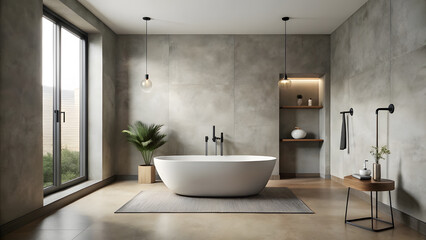 Neutral Bathroom with Gray Walls and Black Fixtures. Perfect for: Modern bathrooms, minimalist homes, spa-like settings