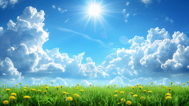 Sunny Field of Dandelions with Bright Blue Sky and Clouds