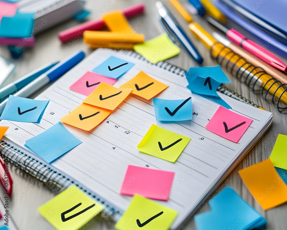 Poster colorful sticky notes on a planner, symbolizing organization and productivity in a workspace setting