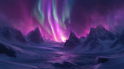 A vibrant aurora borealis illuminates the snowy peaks of a mountain range.