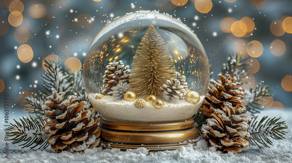 Poster festive snow globe with golden tree and pinecones..