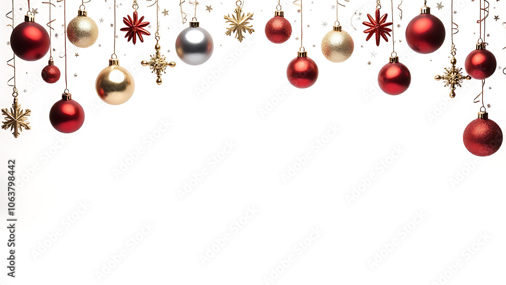 Aufkleber Isolated Christmas decorations in shades of red silver and gold are arranged in a decorative pattern against a plain white background