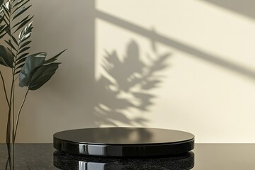 Empty pedestal with plant shadow on beige wall.