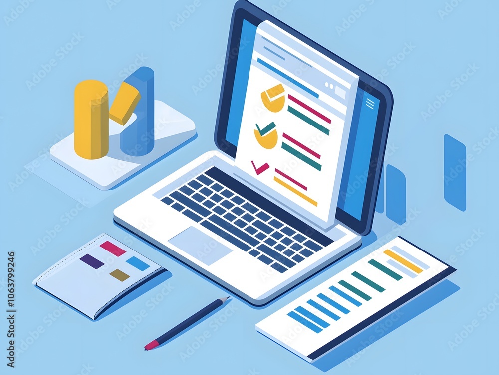 Poster modern laptop displaying data analysis with charts and graphs, showcasing digital productivity in a 