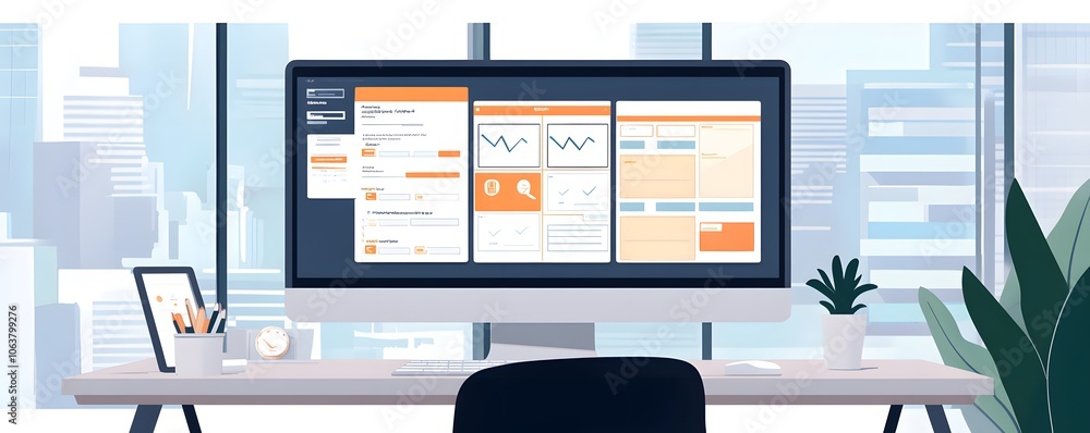 Poster modern workspace featuring a computer setup with data analytics dashboard, plant, and city view thro