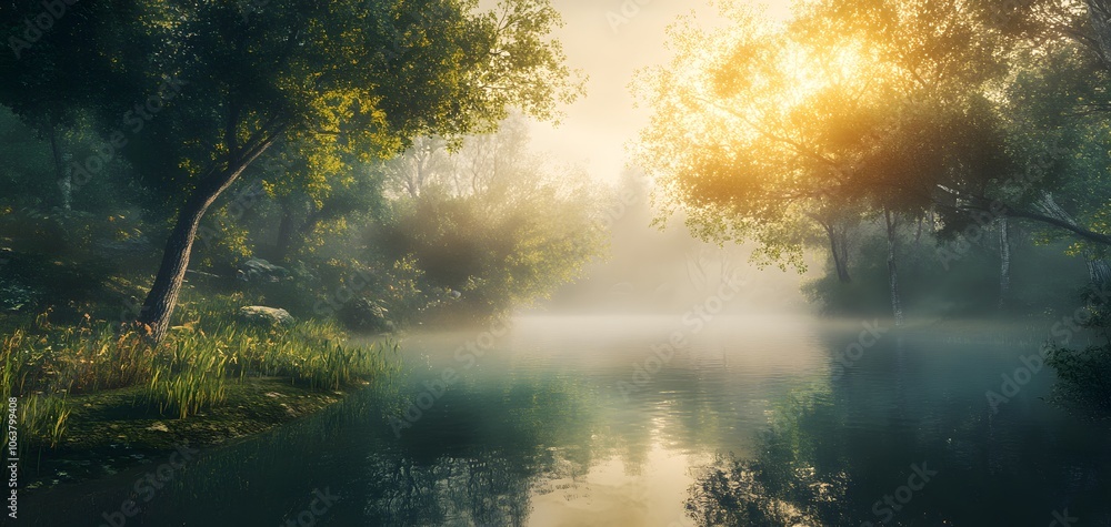 Poster serene morning scene by tranquil water, with soft light filtering through lush trees and gentle mist