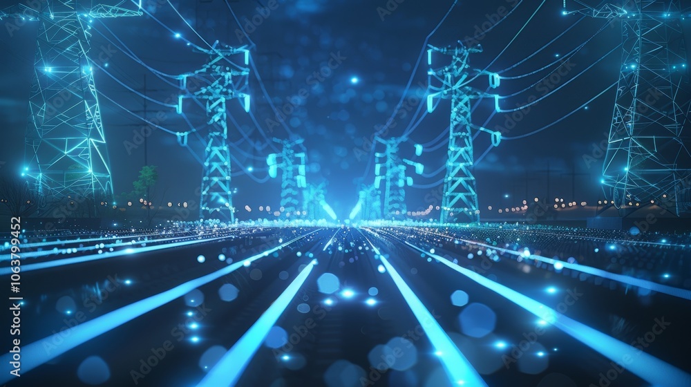 Poster glowing lines of energy flow from futuristic power pylons at night, symbolizing a smart grid and eff
