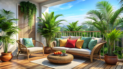 Obraz premium Tropical Balcony with Wicker Seating and Green Plants. Perfect for: Summer Vacations, Beach Resorts, Tropical Getaways