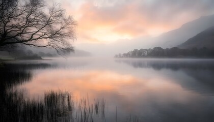 Fototapeta premium Serene landscape featuring a misty lake at sunrise, with soft colors reflecting on the water and a silhouetted tree in the foreground.