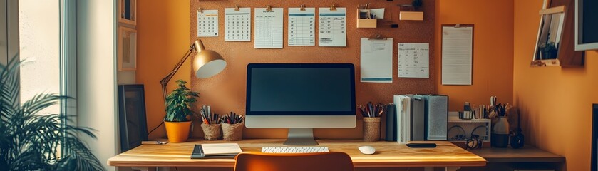 Stylish home office setup featuring a modern desk, computer, and organized stationery against a warm orange wall.