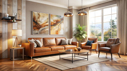 Fototapeta premium Cozy Modern Living Room with Light Wood Floor and Beige Sofa. Perfect for: Thanksgiving, Family Gatherings, Cozy Homes