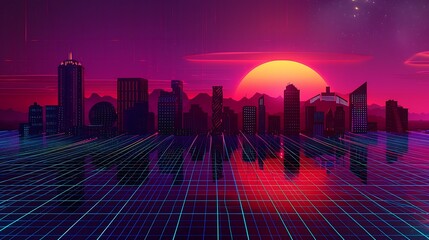 Obraz premium A stunning synthwave landscape with neon colors, futuristic skyscrapers, and a retro 80s cyberpunk feel, perfect for a vibrant wallpaper or banner.
