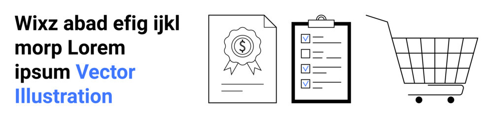 Certificate with dollar sign, checklist on clipboard, and shopping cart line art. Ideal for web design, e-commerce, online services, education, achievements, business, marketing. Banner for landing