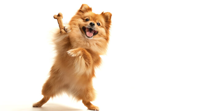 Red shpitz dog catches a treat in the form of a bone. Pet runs for a cookie on a white background.