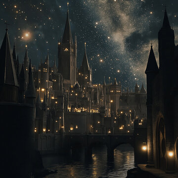 Medieval castle at night.