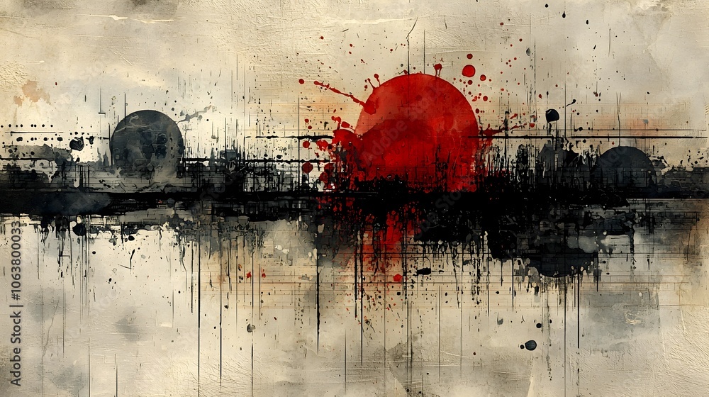 Poster visually striking layered abstract composition that combines vibrant multicolor splashes and express