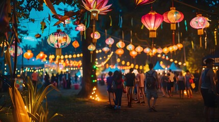 Vibrant Lantern Festival Illuminating the Nightscape in a Lively Asian City