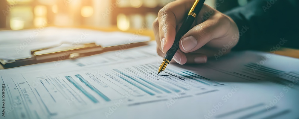 Poster a close-up of a hand writing on a document with a pen, symbolizing productivity and organization in 