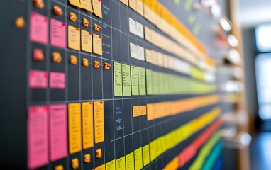 A colorful visual representation of a project management board with sticky notes organized by categories and priorities.