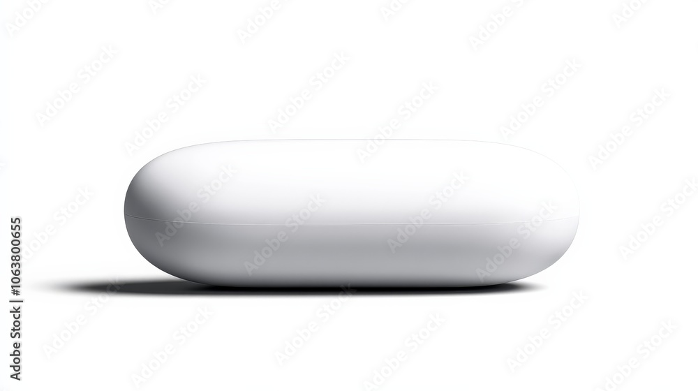Poster pill shaped object: a smooth, white, pill-shaped object sits on a white background, casting a subtle