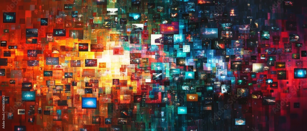 Poster a vibrant and kaleidoscopic array of digital screens showcasing a rich diversity of multimedia eleme