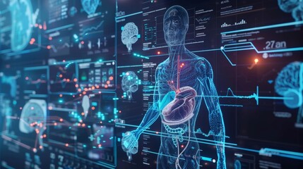 Futuristic medical interface displaying a 3d human body model with highlighted organs and vital signs, suggesting advanced diagnostics and healthcare technology