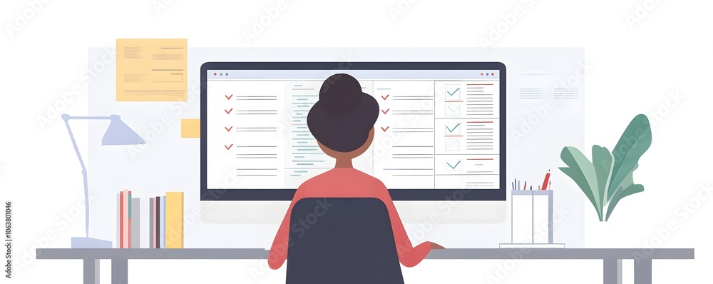 Poster a focused individual working at a modern desk, analyzing data on a computer screen in a minimalist o