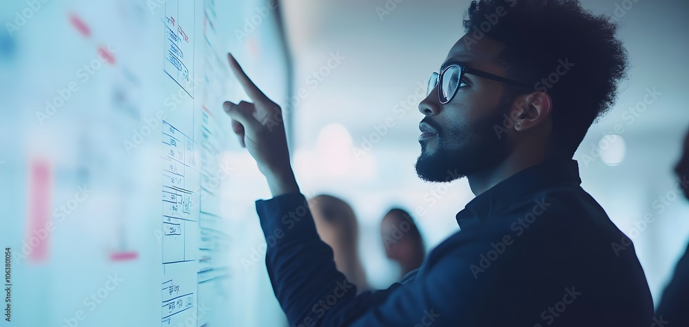 Poster a focused man analyzes data on a digital screen, pointing out key insights in a modern office enviro