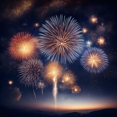 Fototapeta premium Fogos de artificio de ano novo em um céu estrelado, feliz ano novo, 2025