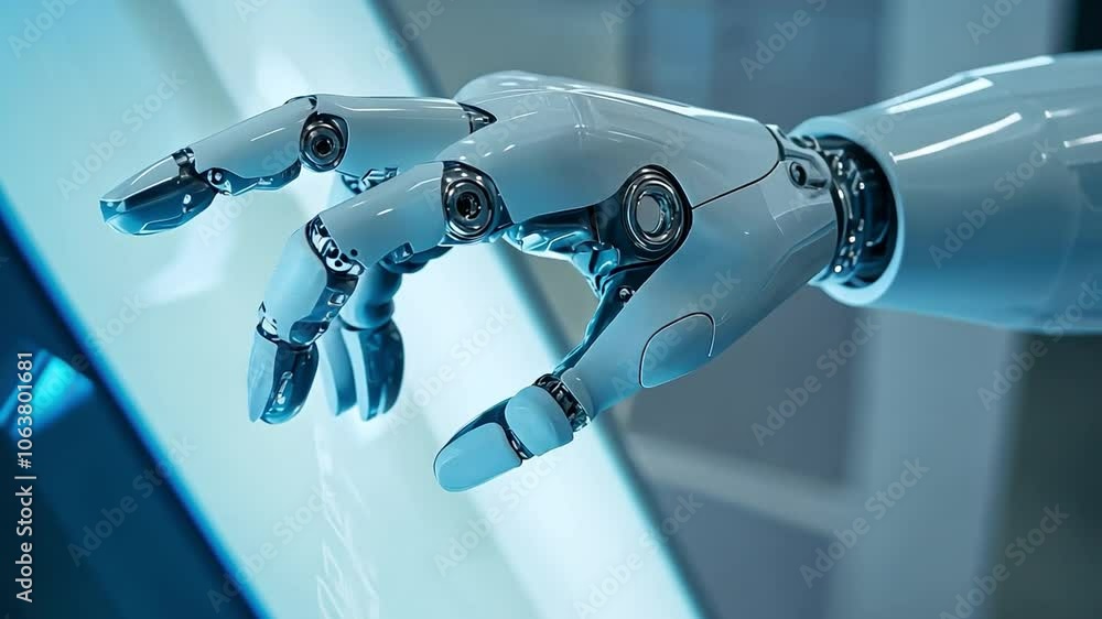 Poster close-up of robotic hand interacting with a touchscreen, illustrating the integration of ai and huma