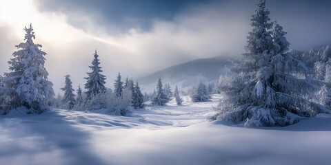Obraz premium A breathtaking view of snow-laden trees set in a tranquil winter landscape, evoking peace and calmness.