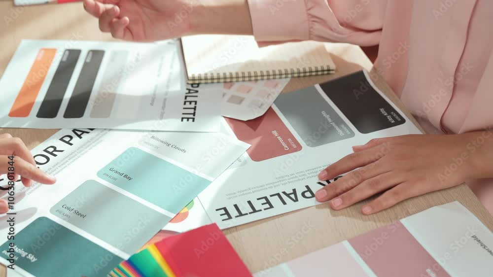 Poster hand closeup of two designer brainstorming and choosing color for graphic design working or client a