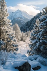 Snow-laden trees stand amid towering mountains, capturing wilderness beauty and serenity in a pristine winter setting.