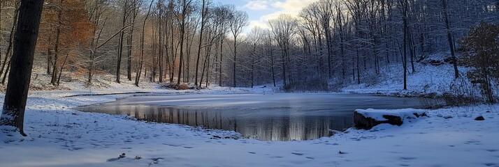 A serene pond is encircled by snow-dusted trees in a silent winter forest, depicting tranquility and natural beauty.