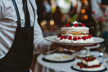 Waiter is carrying a tray with delicious cake on wedding reception in luxury restaurant