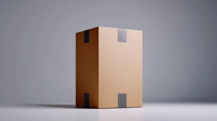 Sealed and Ready: A single cardboard box, sealed with black tape, sits upright against a minimalist backdrop, evoking a sense of anticipation and delivery. The box is a symbol of shipping, packaging.