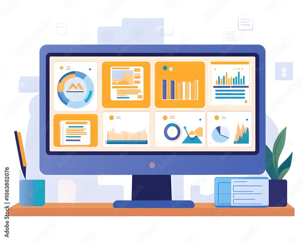 Poster a modern computer monitor displaying vibrant data visualizations and charts, ideal for business and 