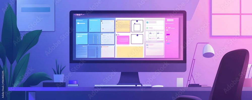 Poster a modern workspace featuring a computer with a vibrant color scheme, ideal for design, programming, 