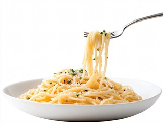 Close-up of a fork lifting spaghetti seasoned with grated cheese and parsley, ready to be enjoyed
