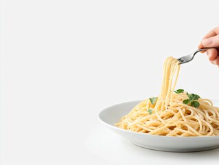 Hand using a fork to enjoy a plate of pasta with cheese and herbs on a clean white background