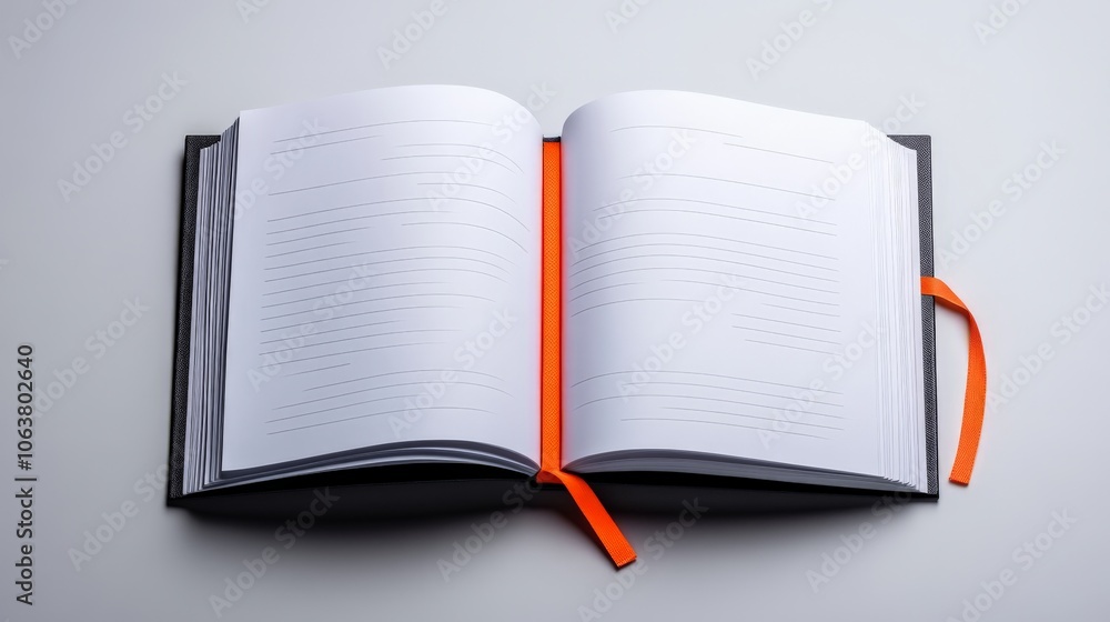 Poster blank notebook with orange ribbon: a fresh, minimalist image of an open notebook with a bright orang