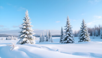 Fototapeta premium Dazzlingly white from fluffy frost winter fits on fresh fluffy snow on which fresh traces of sledge runners are visible. Classic winter postcard landscape. Gentle blue sky and cold radiant sun.