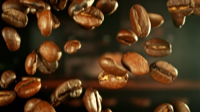 Super Slow Motion of Falling Coffee Beans. Filmed on High Speed Cinema Camera, 1000 fps. Blur Kitchen Industrial Interior on Background.
