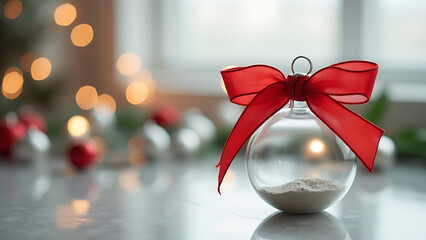 Glass bauble adorned with a simple red ribbon sits elegantly on a reflective surface amidst minimalist Christmas decorations