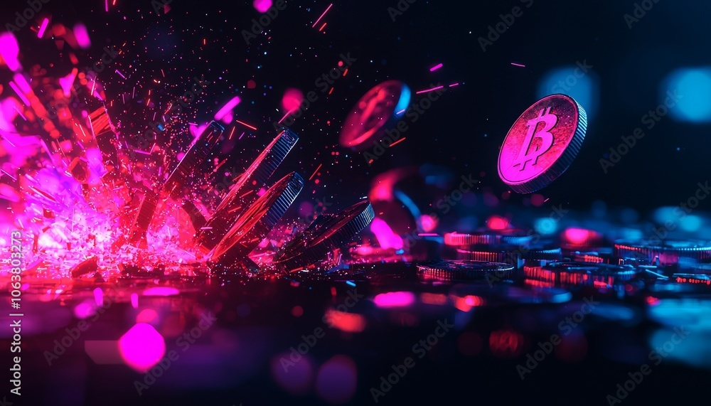 Poster bitcoin explosion on a colorful background