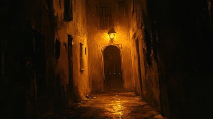 A narrow, dimly lit alleyway in an old city at night, illuminated by a single lamppost.