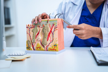 An expert dermatologist is using a skin model to explain or giving a consultation about skin rash, allergy or dermatology condition to patient. A professional doctor diagnose about skin problem.